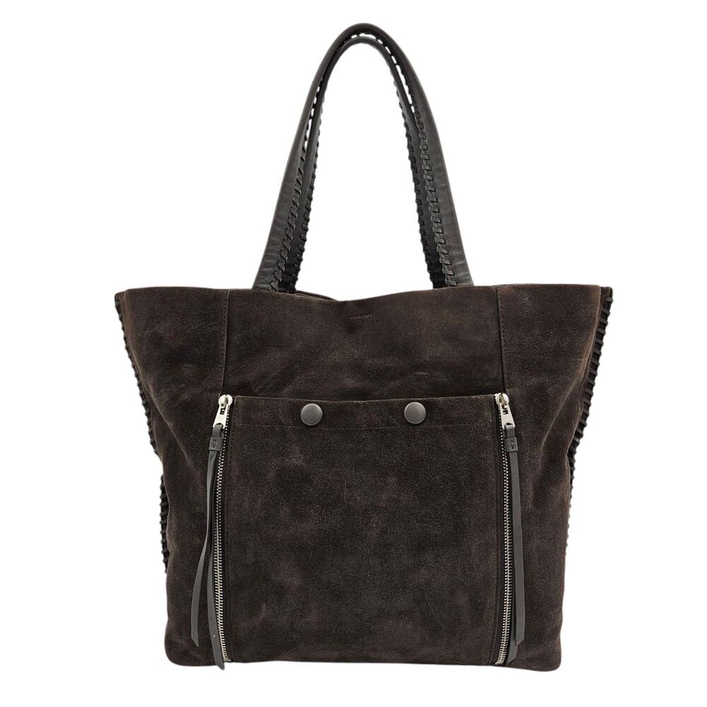 All Saints Fleur de Lis Tote Bag East to West Brown Suede Shoulder Work Career